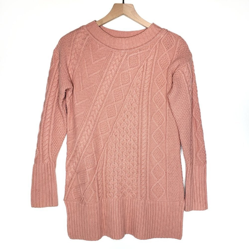 J.Crew Lonnie Chunky Cable Knit Wool Blend Tunic Sweater Pink Sz XS Fishermans